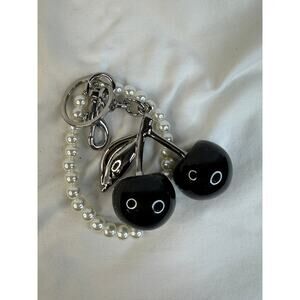 Y2K Black Cherry Bag Charm Keychain with Faux Pearl Wristlet & Silver Hardware